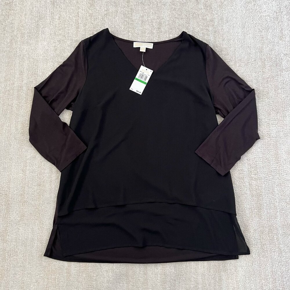 NWT MICHAEL Michael Kors V Neck Mixed Media Blouse Top L Black